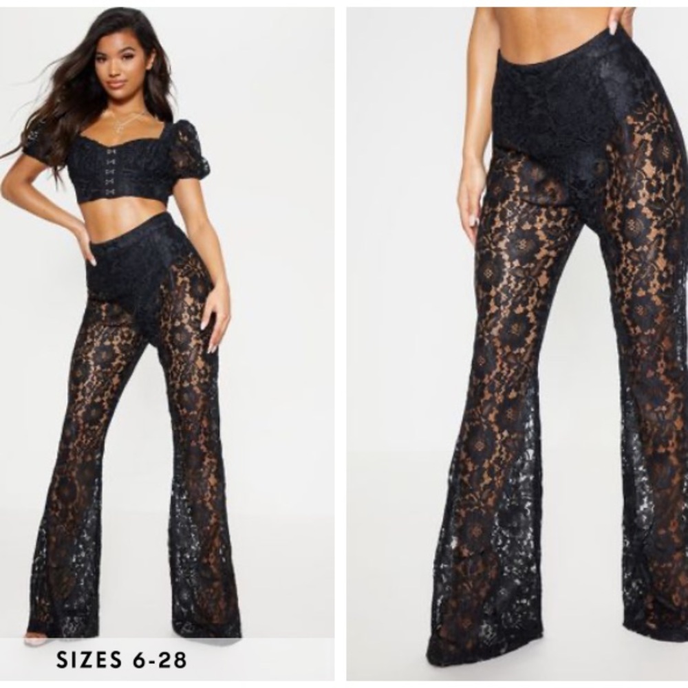 Black lace sheer flare leg pant set and top